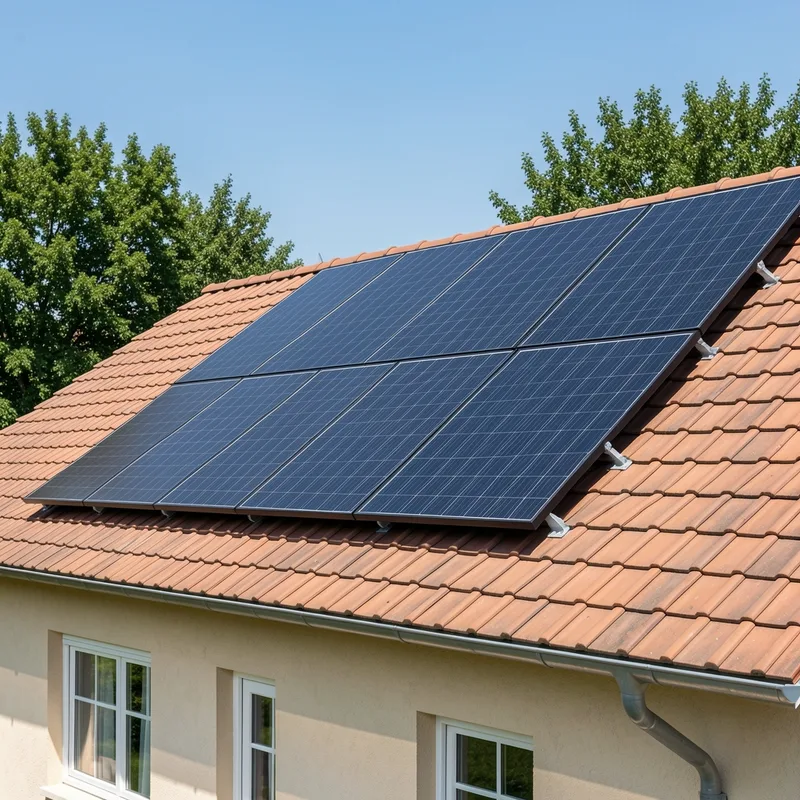 Panneaux photovoltaïques en toiture d’une maison individuelle en plein midi