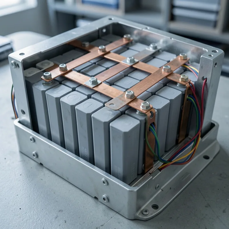 Cellules et barres de connexion visibles à l’intérieur d’un module de stockage lithium ouvert