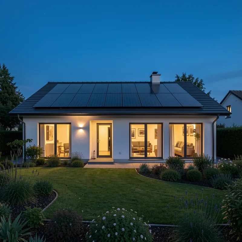 Maison individuelle à la tombée du jour, fenêtres éclairées et toiture équipée de panneaux solaires