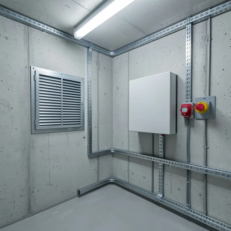 Local technique ventilé abritant un coffret de stockage mural et un sectionneur de sécurité