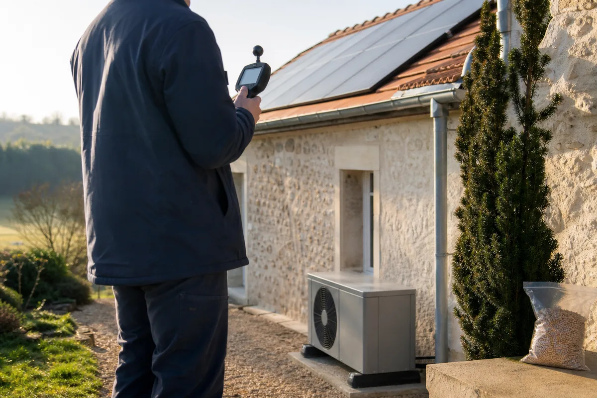 Auditeur relevant les caractéristiques thermiques d&rsquo;une maison individuelle avec un appareil de mesure