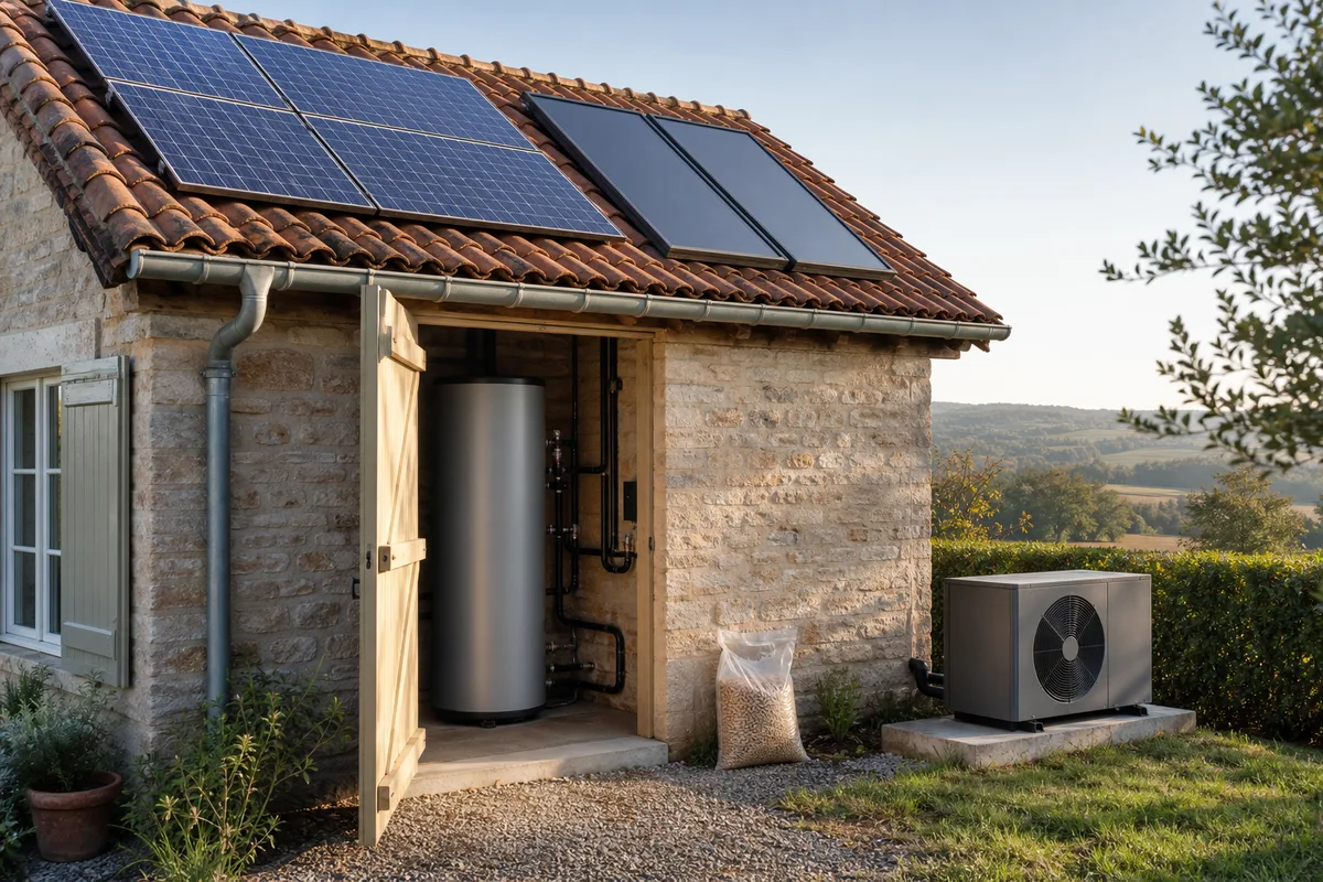 Capteurs solaires thermiques en toiture reliés à un ballon de stockage d’eau chaude sanitaire