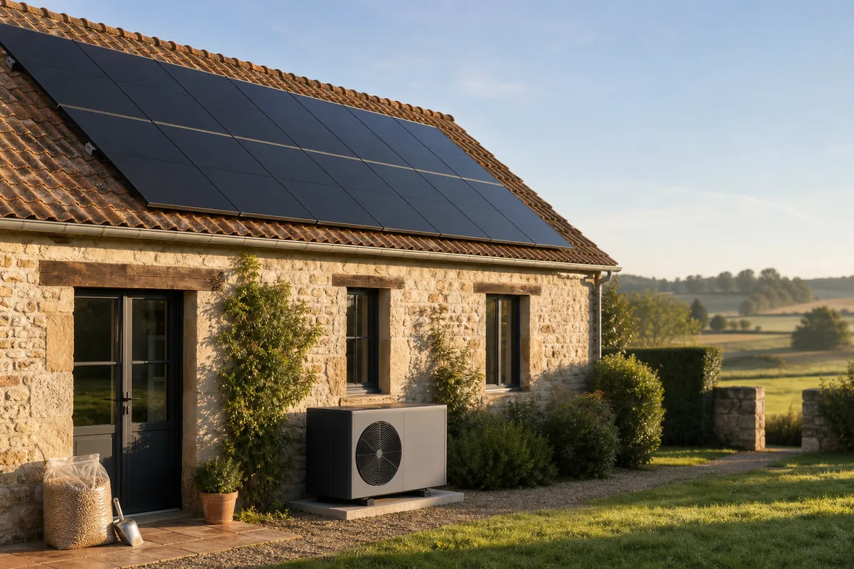 Maison individuelle mêlant panneaux solaires en toiture, pompe à chaleur en façade et abri à granulés