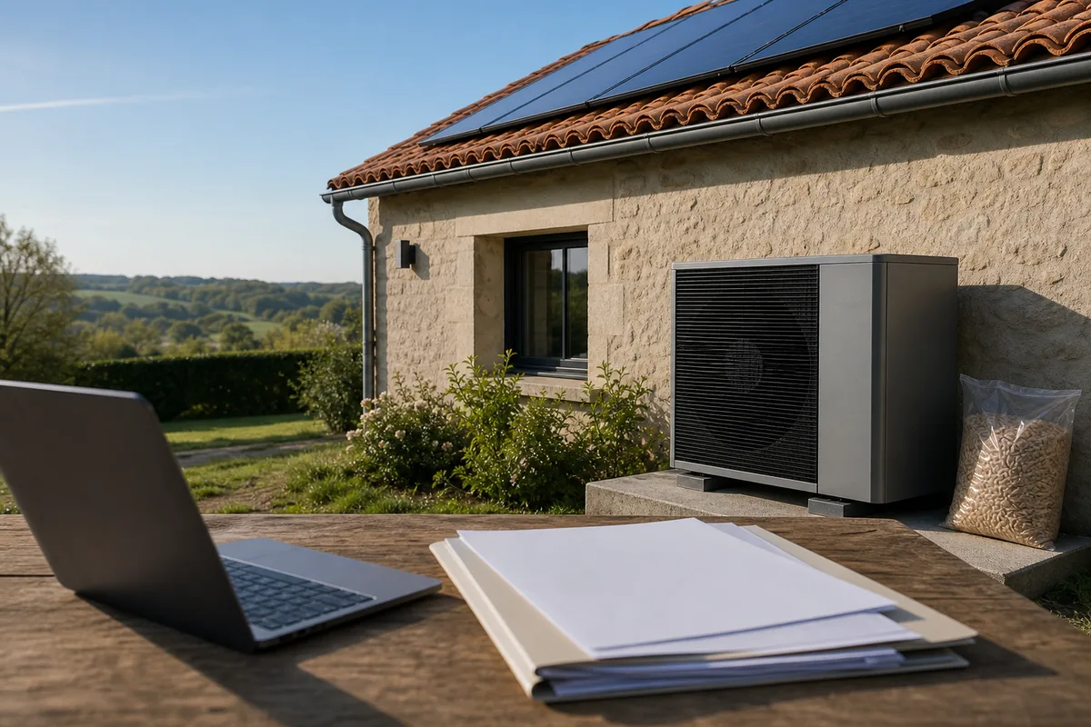 Dossier de demande d’aide à la rénovation énergétique posé sur une table avec un ordinateur portable