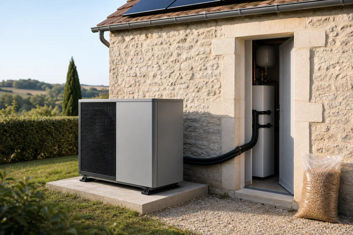 Schéma du cycle frigorifique d&rsquo;une pompe à chaleur air-eau avec unité extérieure et module hydraulique