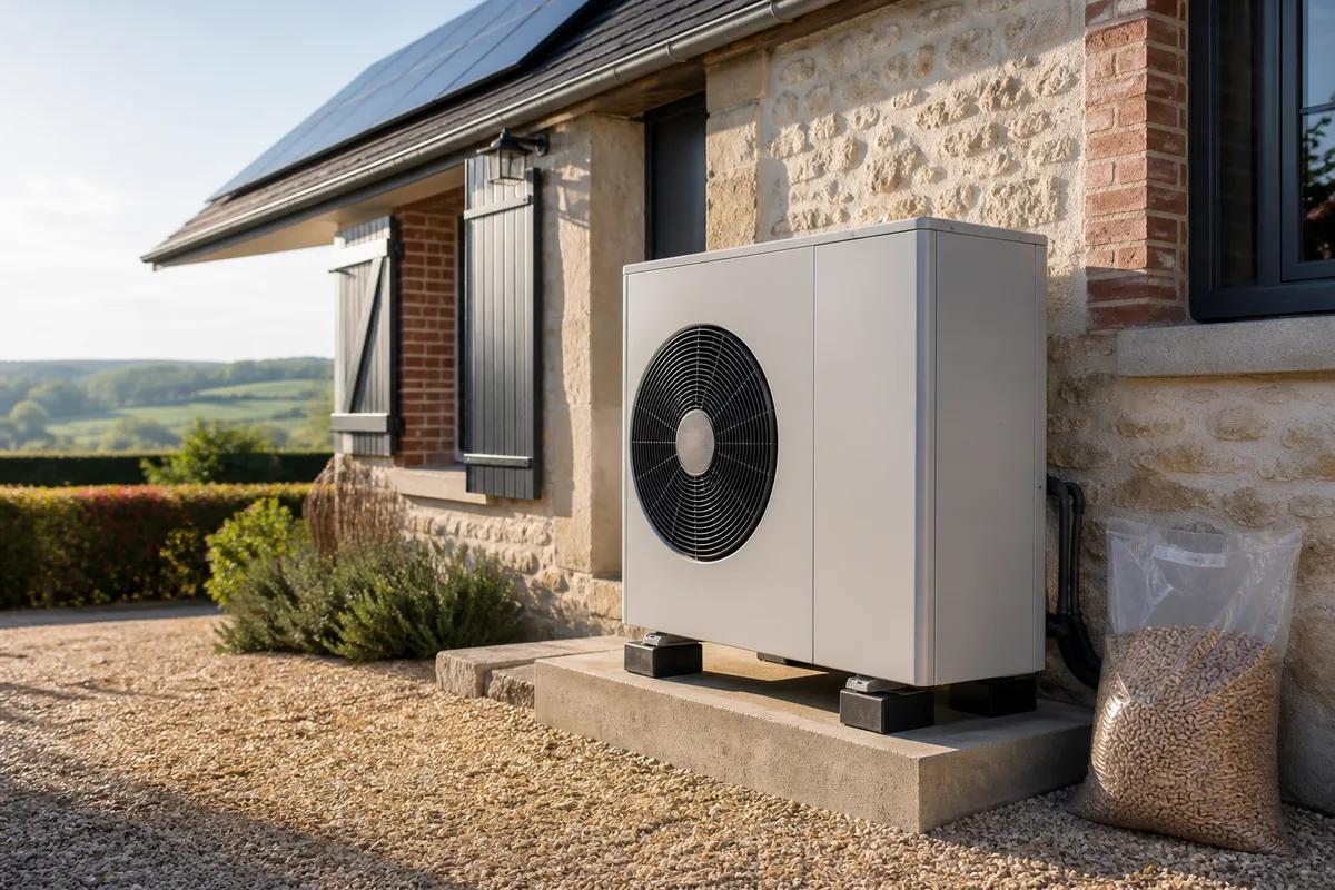 Unité extérieure de pompe à chaleur air-eau installée le long d&rsquo;une façade de maison individuelle