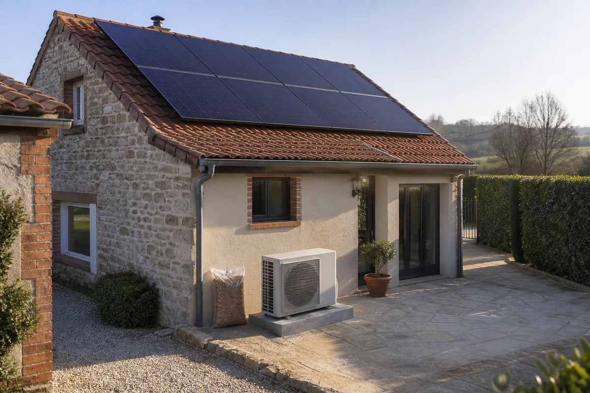 Panneaux photovoltaïques posés en surimposition sur la toiture d&rsquo;une maison individuelle