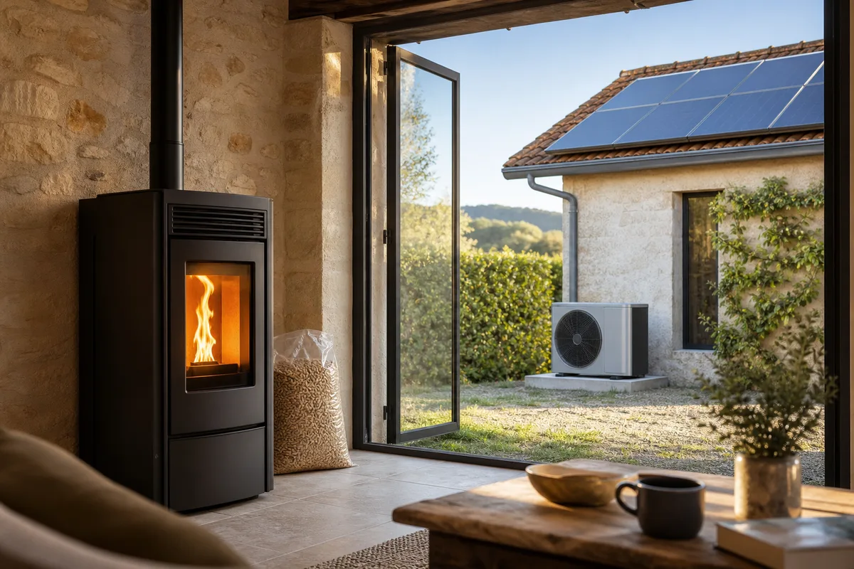 Poêle à granulés en fonctionnement dans un séjour avec vue sur la flamme et la vitre