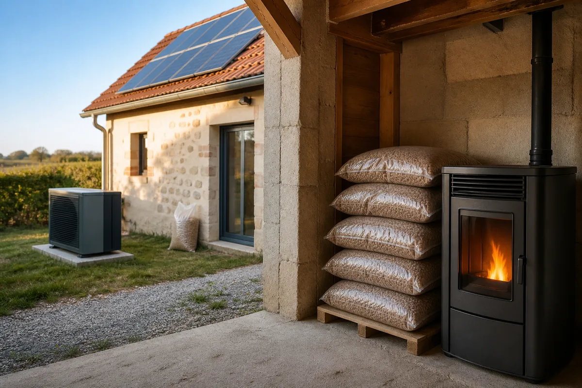 Sacs de granulés de bois stockés dans un local sec près d&rsquo;un poêle